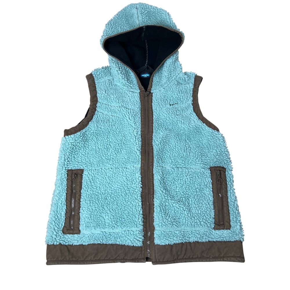 KAVU Blue Brown Outdoor Full Zip Fuzzy Sherpa Fleece Hooded Vest Women's Size L